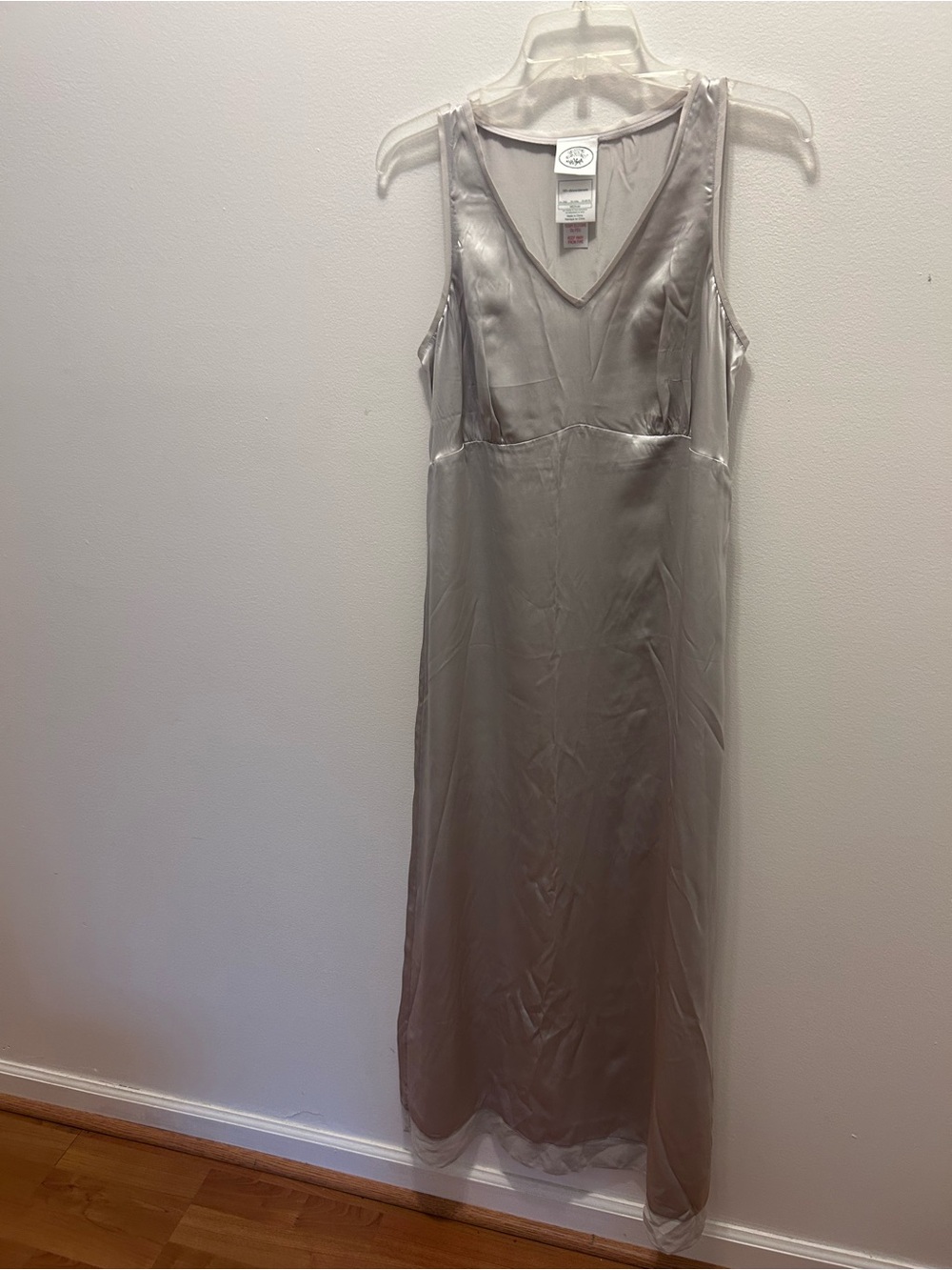 Vintage Laura Ashley 100% Silk  Silver V-Neck Maxi Slip Dress with Lace Hem Med